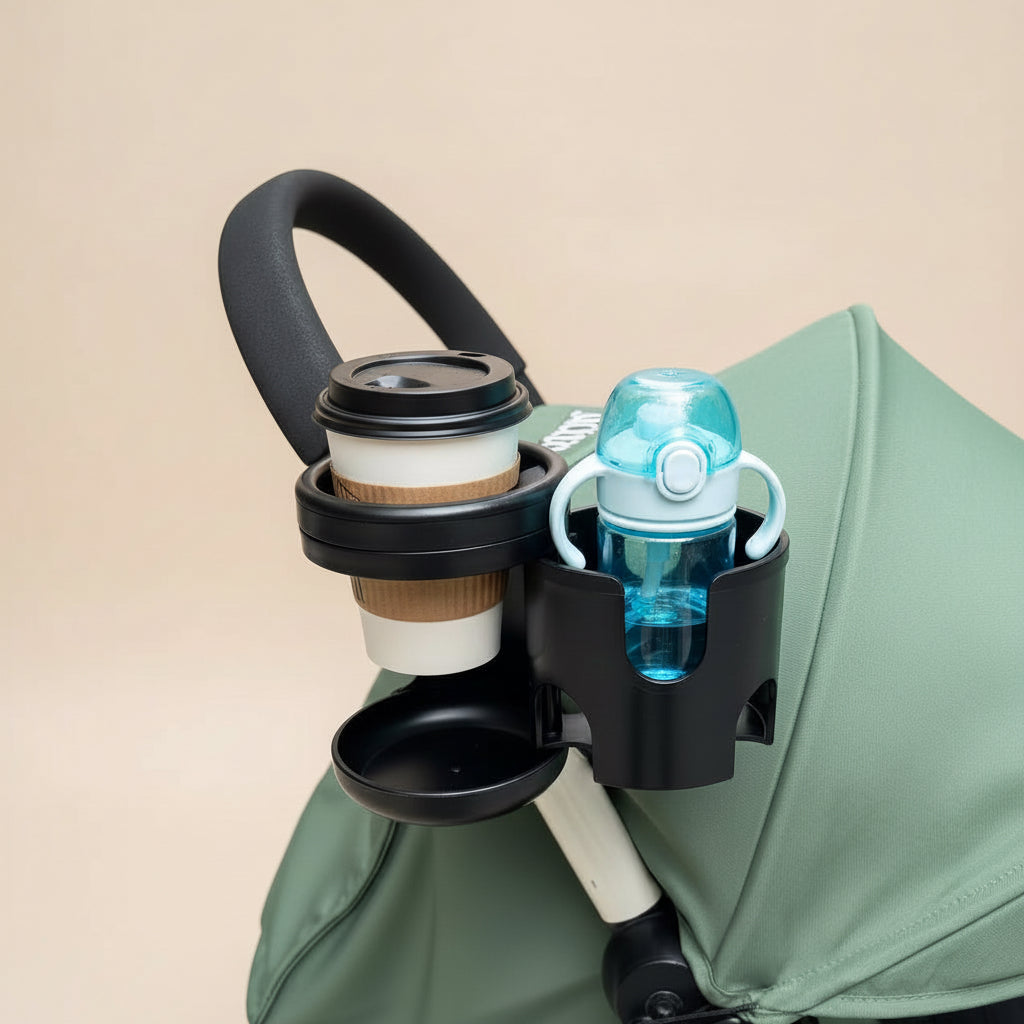 Green stroller with a black cup holder on a beige background