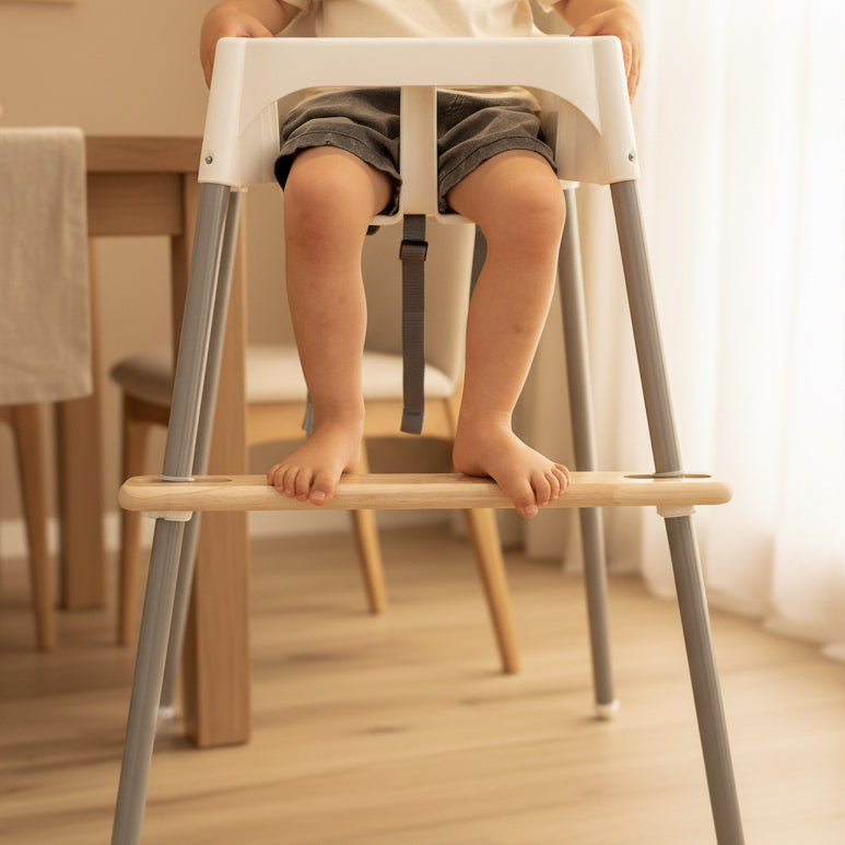 Child sitting on a white Ikea high chair with a footrest on a wooden floor.