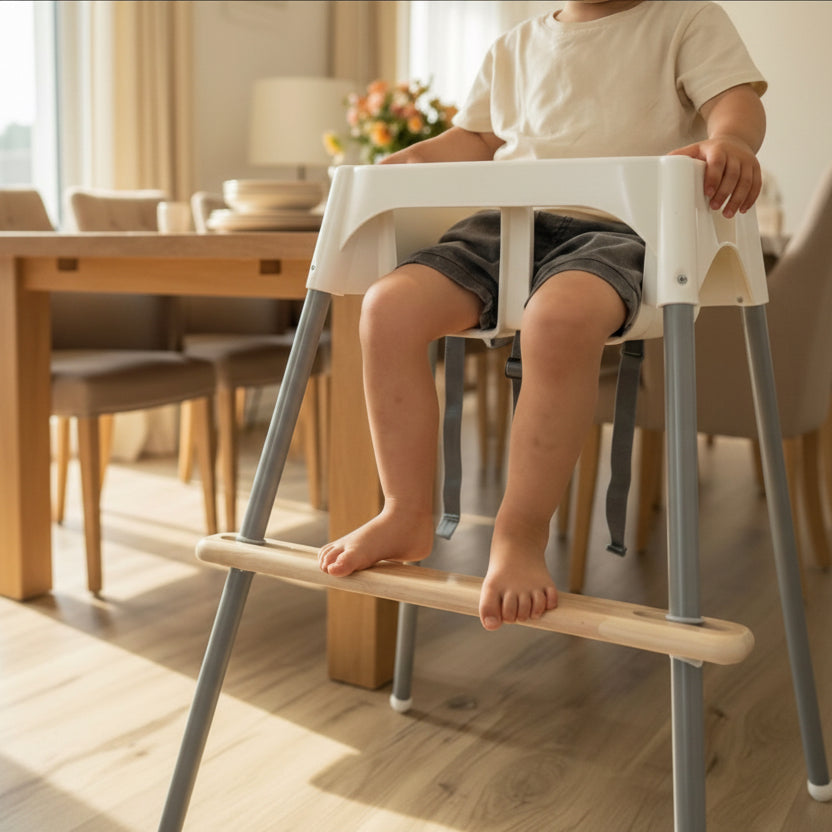 Child using a ikea high chair with an oak wood footrest in a bright, modern dining room.