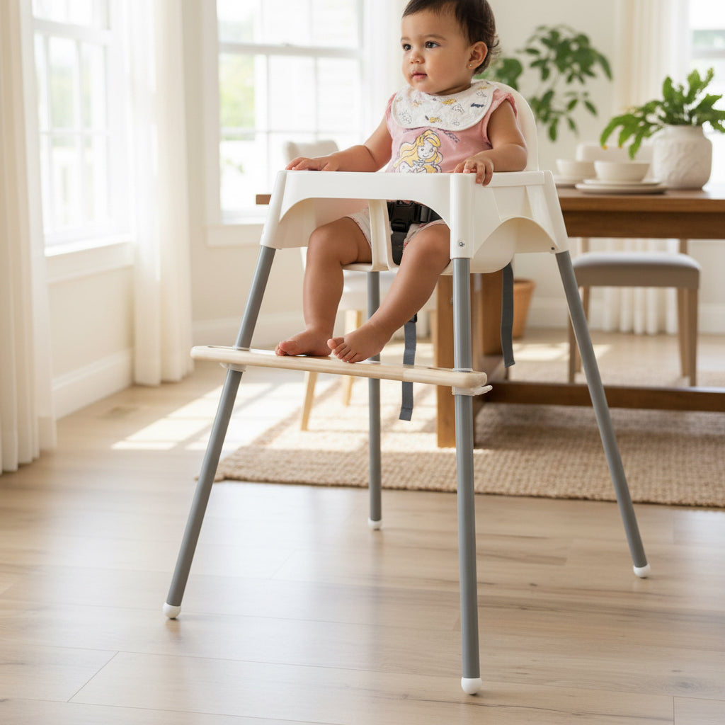 Child sitting in a white Ikea highchair with a footrest on a wooden floor.