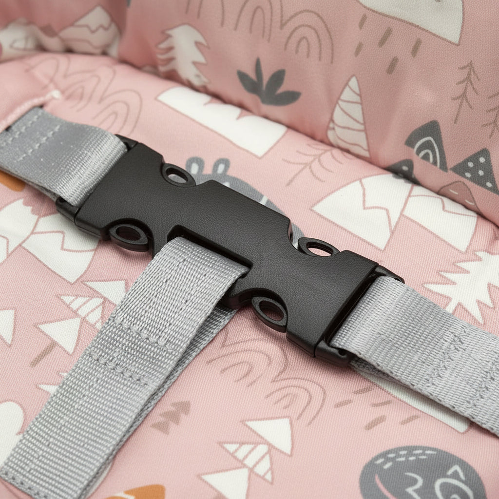 Gray strap with black buckle on a pink fabric background with nature-themed patterns
