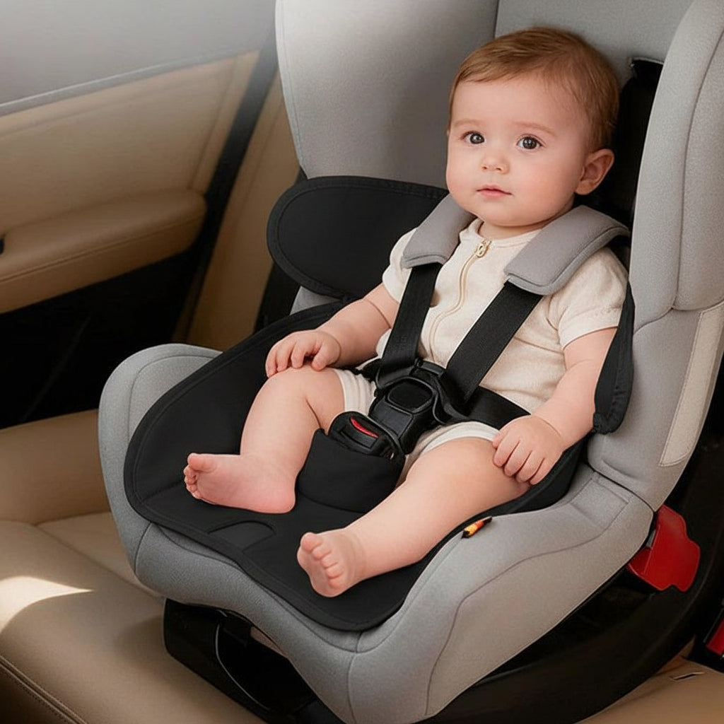 A baby sitting in a gray car seat insert with a black cushion and black harness straps, photographed inside a car interior.