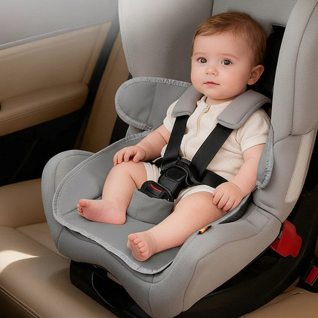 A baby sitting in a gray car seat insert with a grey cushion and black harness straps, photographed inside a car interior.