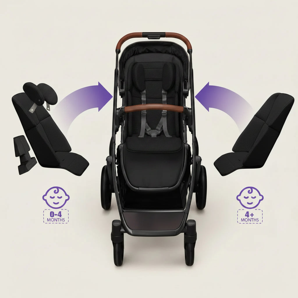 A stroller shown from the front on a light beige background, with two detached baby car seats floating on either side and purple arrows indicating a convertible setup. The stroller has a dark frame, black wheels, and a black interior.