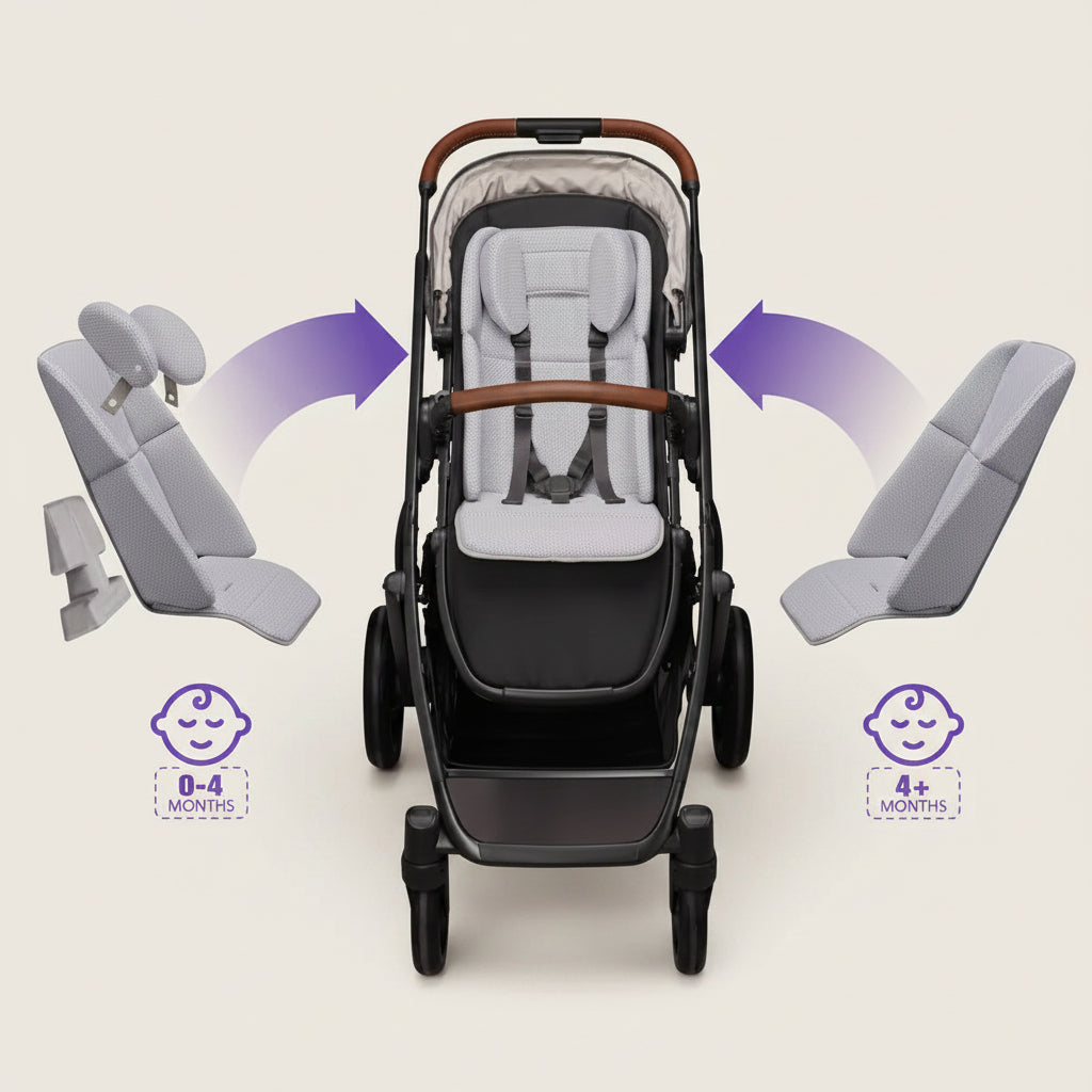 A light gray heathered fabric car seat cushion with integrated headrest and side bolsters, shown on a plain beige background.