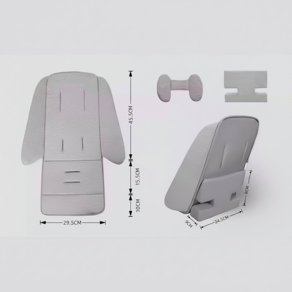 A light gray padded support pad or cushion set shown on a white background with dimension callouts and small accessory cutouts. The main product appears to be a large rectangular cushion with wing-like side extensions, plus smaller inset views and measurements in centimeters.