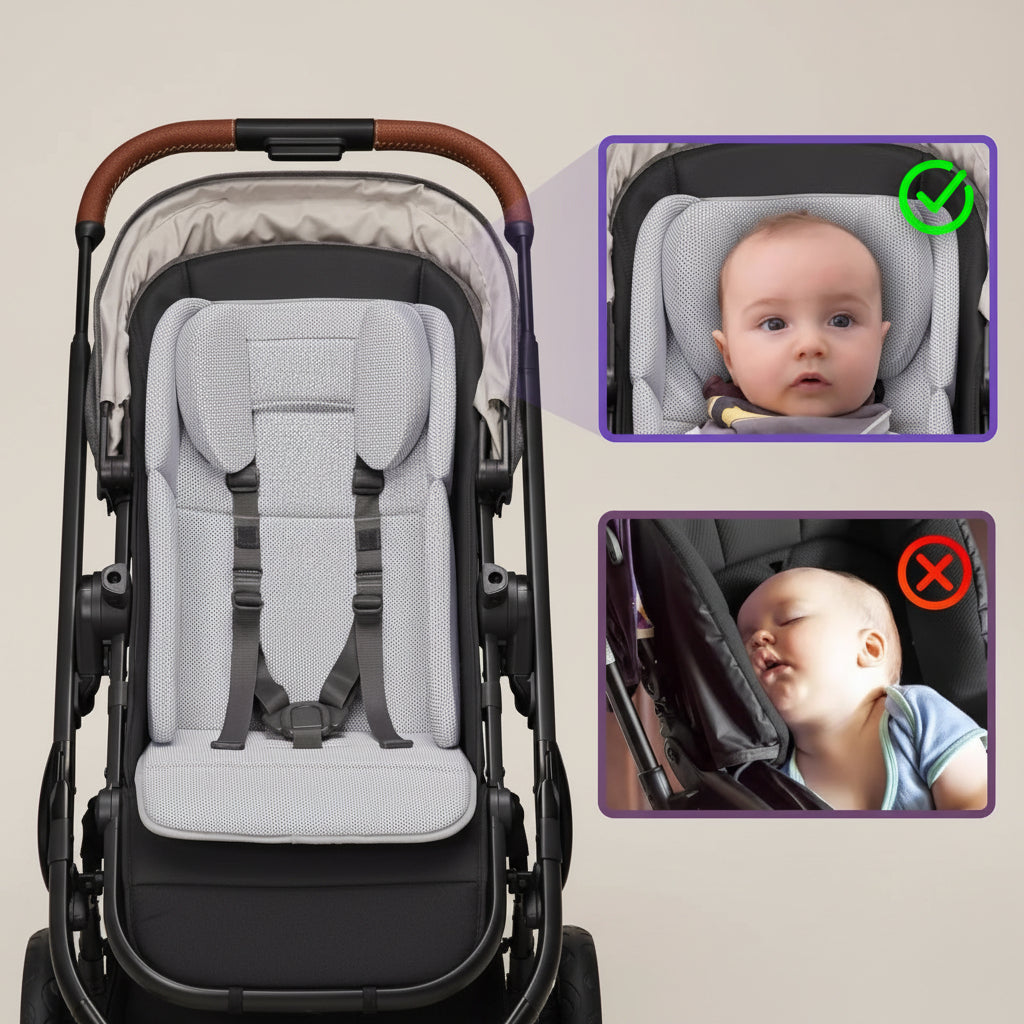 A stroller seat insert with a light gray mesh body, padded headrest, and dark straps, shown installed in a stroller. Two inset photos on the right demonstrate proper and improper use, with a baby shown sitting in the insert and another baby shown sleeping in a different stroller seat.