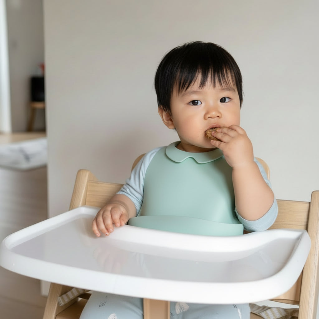 Baby in a high chair wearing a green bib, eating a cookie.