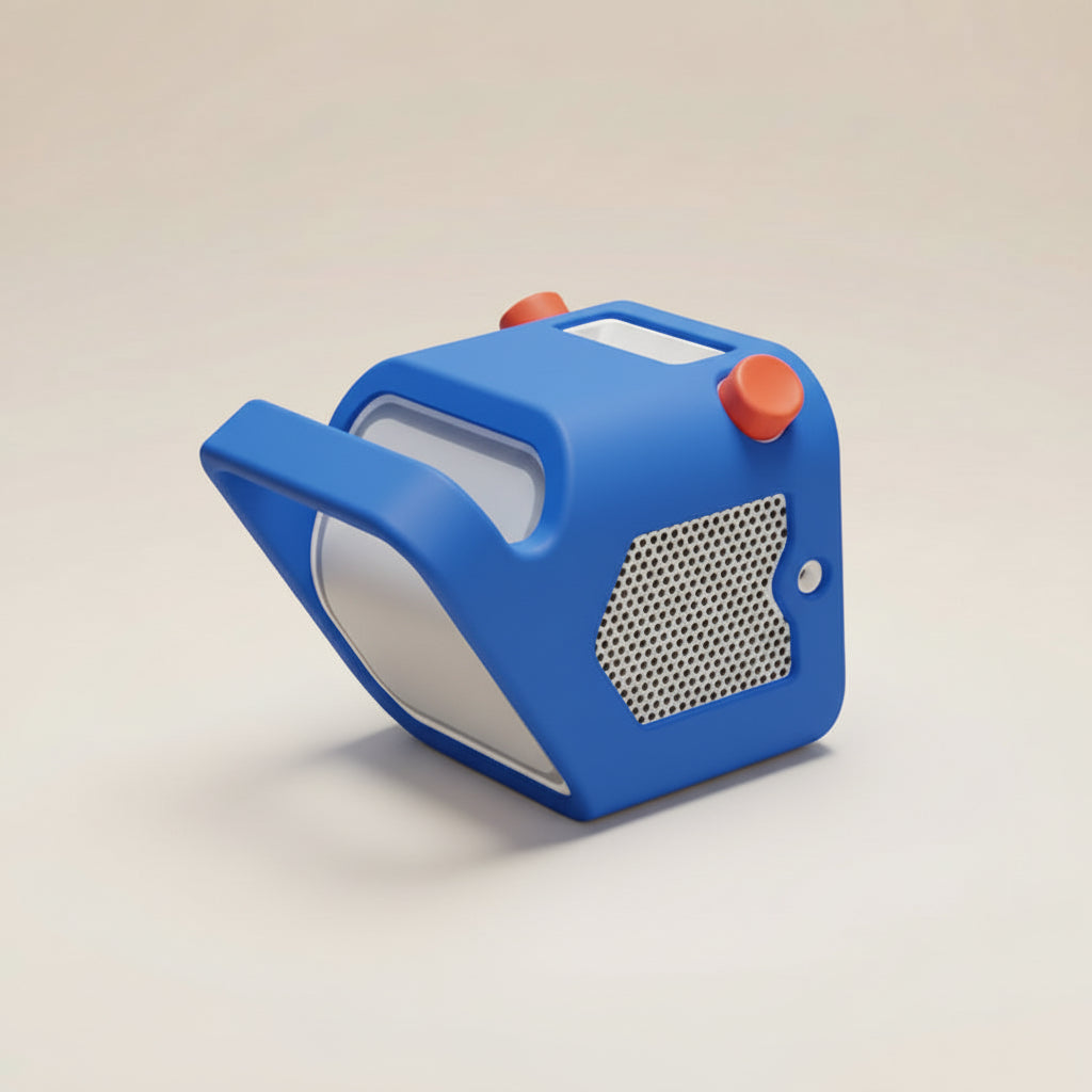 Blue Yoto player with a white face on a beige background