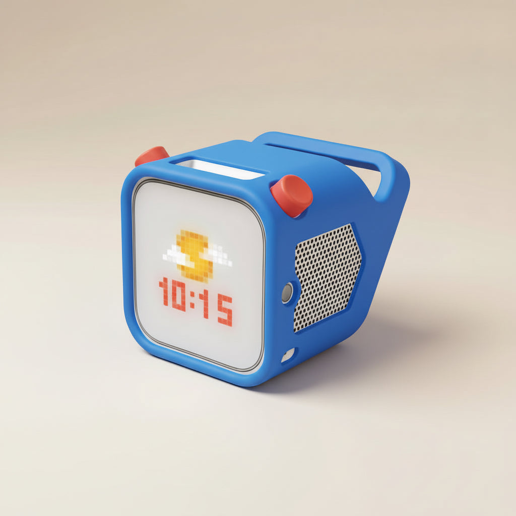 Blue Yoto player with a white face on a beige background