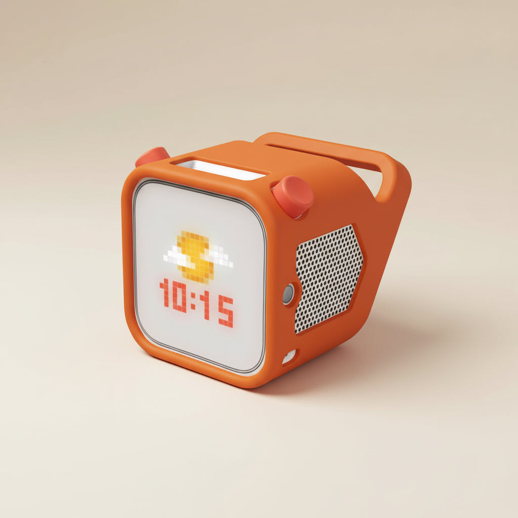 orange Yoto player with a white face and orange numbers on a beige background