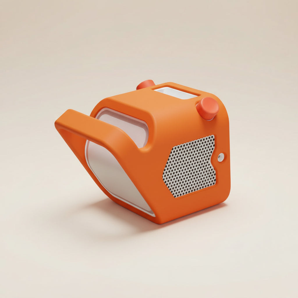 orange Yoto player with a white face and orange numbers on a beige background