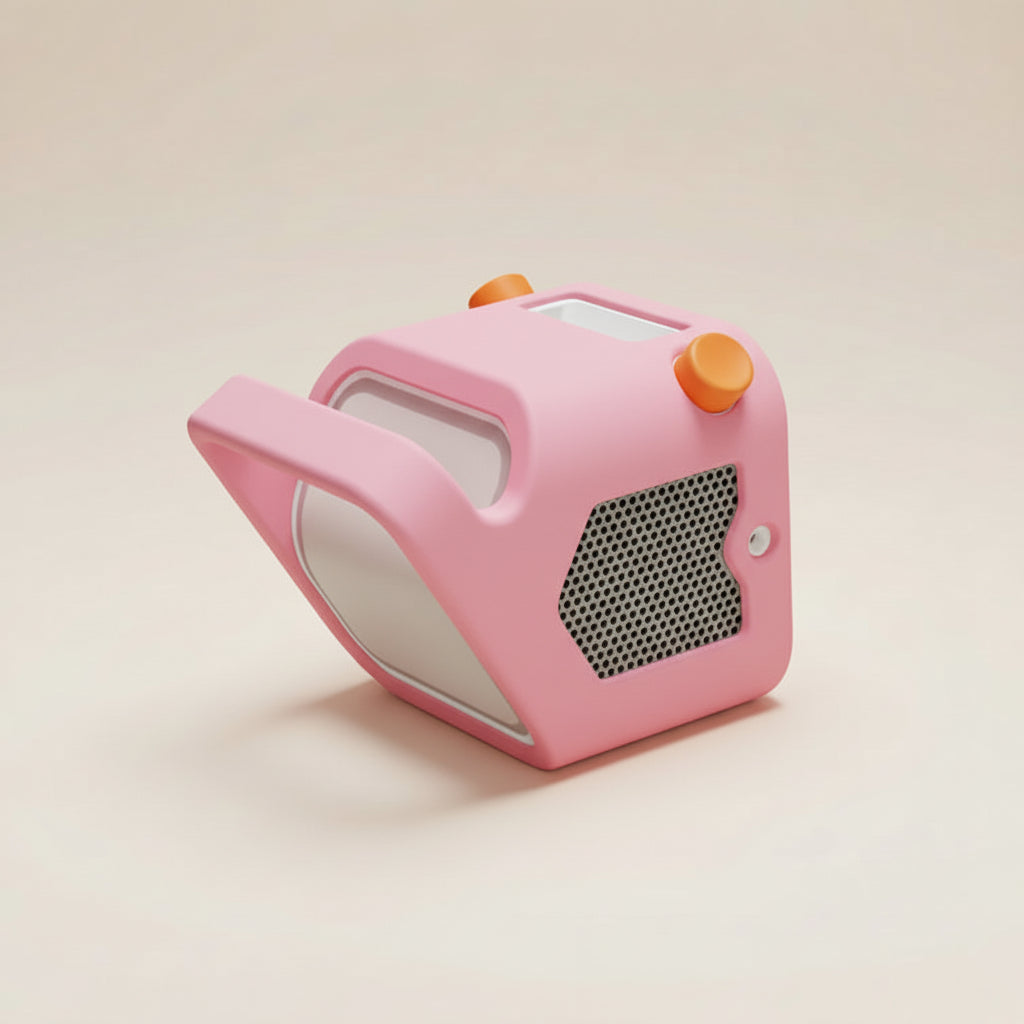 Pink Yoto player with a cartoon character on a beige background