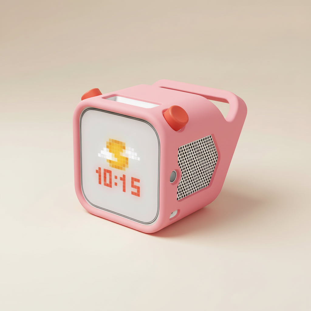 Pink Yoto player with a cartoon character on a beige background