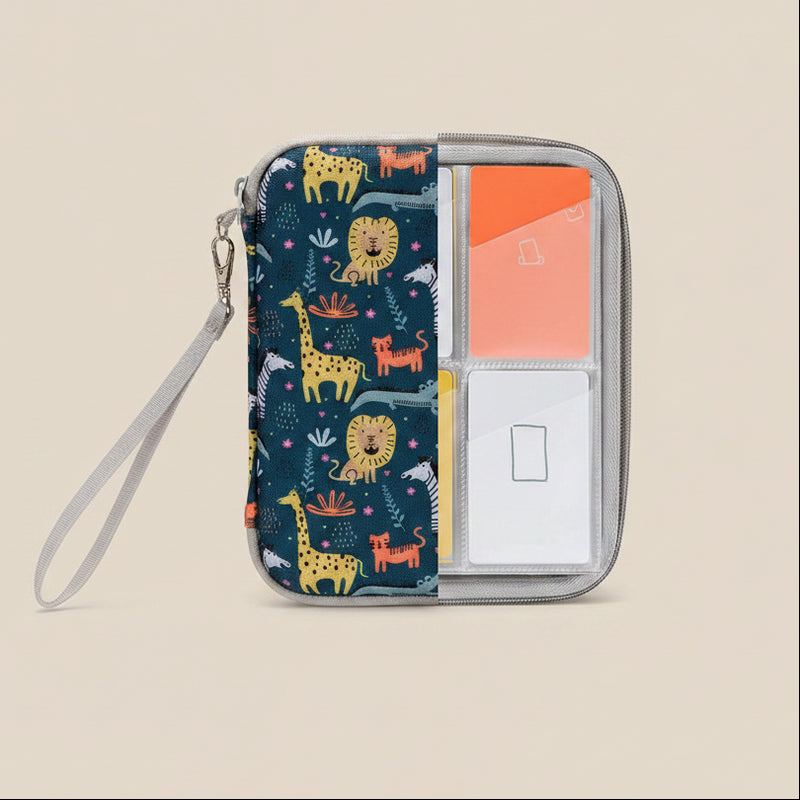 Yoto card case with animal pattern and card slots on a beige background
