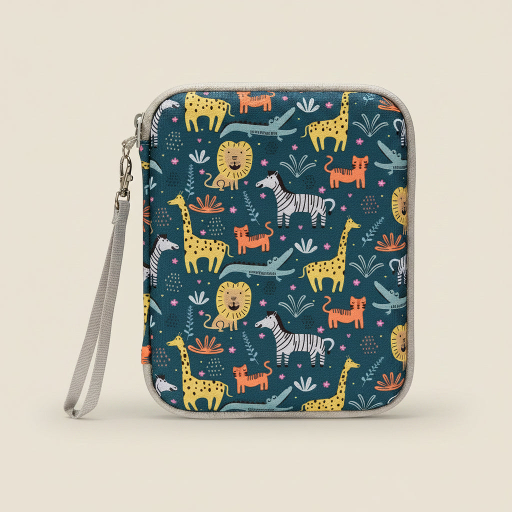 Yoto card case with animal pattern on a blue background