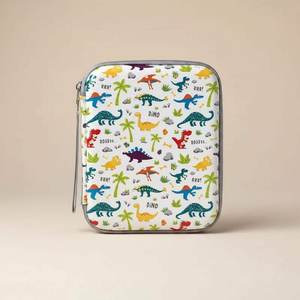 Yoto card case with colorful dinosaur pattern on a white background