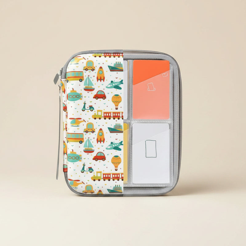 Yoto cards organizer with toy vehicle pattern on a white background