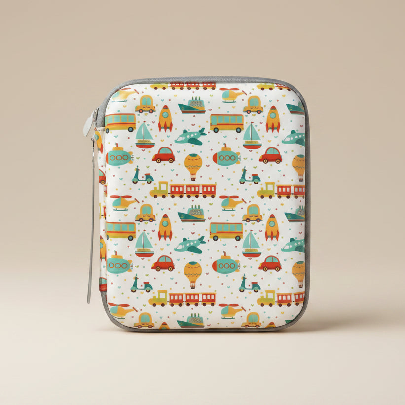 Yoto cards case with transportation-themed design on a white background