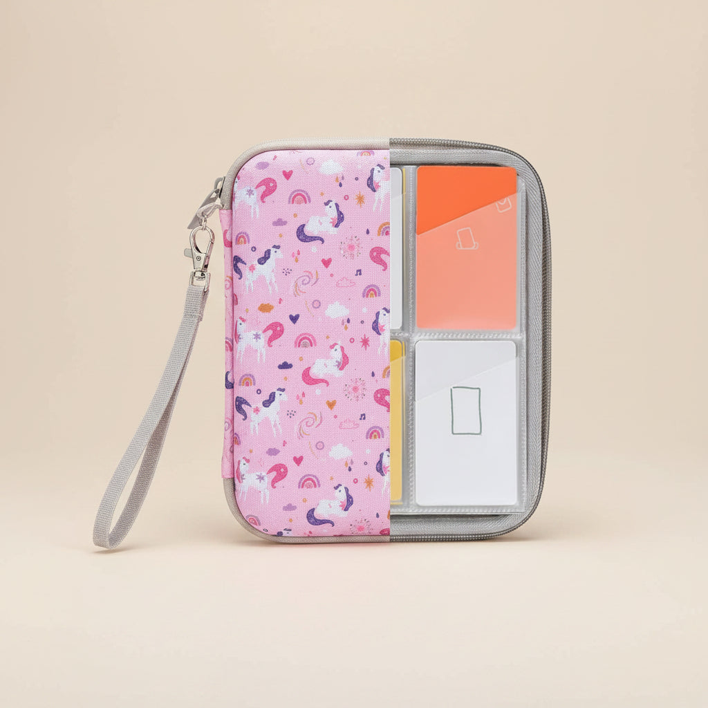 Pink case with unicorn pattern containing Yoto cards