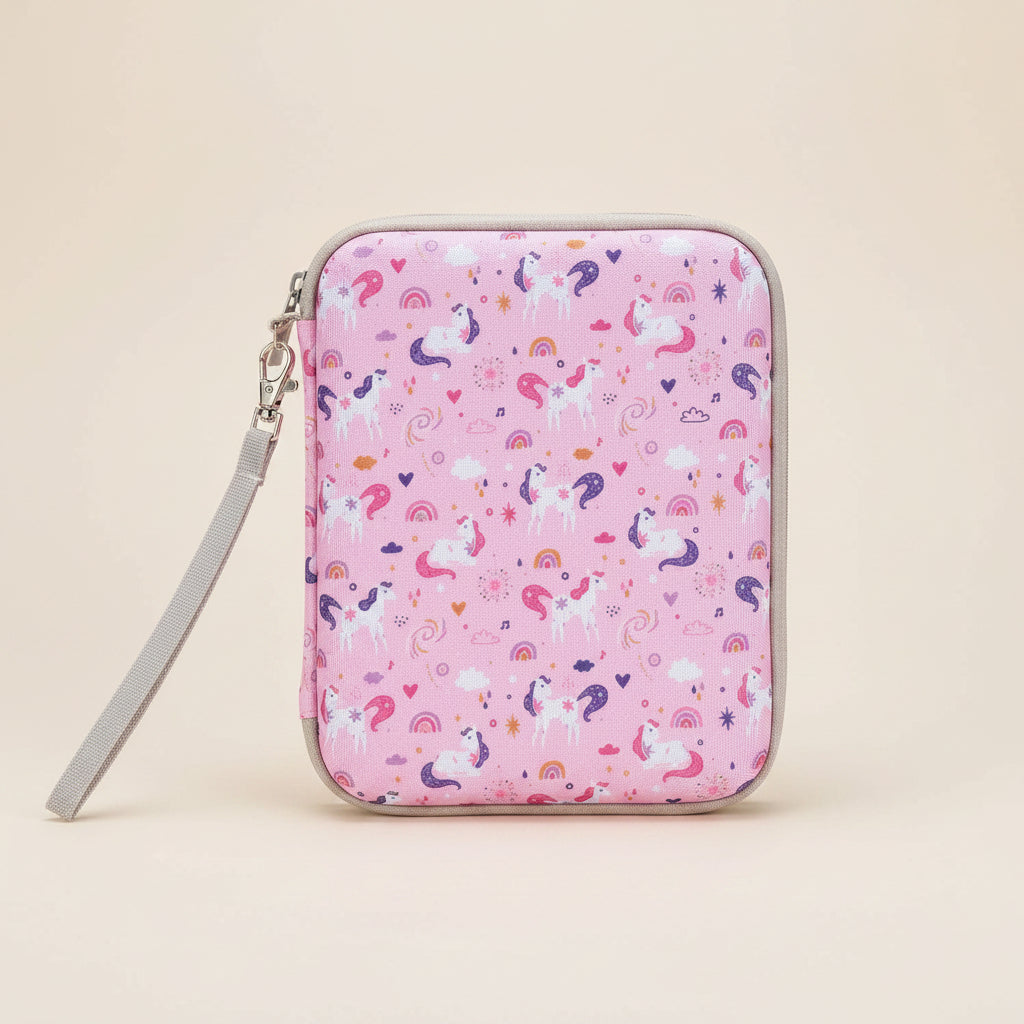 Pink case with unicorn and rainbow pattern