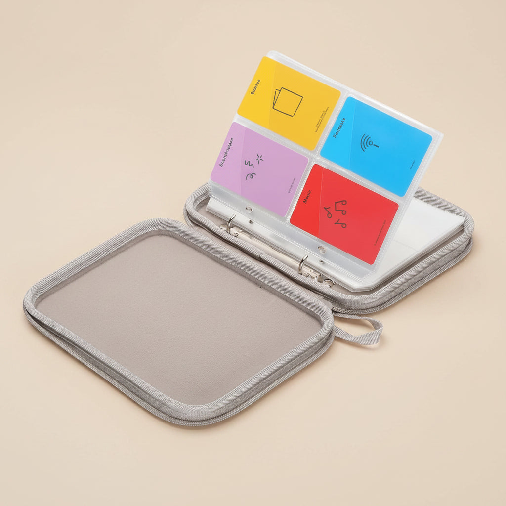 Gray zippered case with colorful cards on a beige background