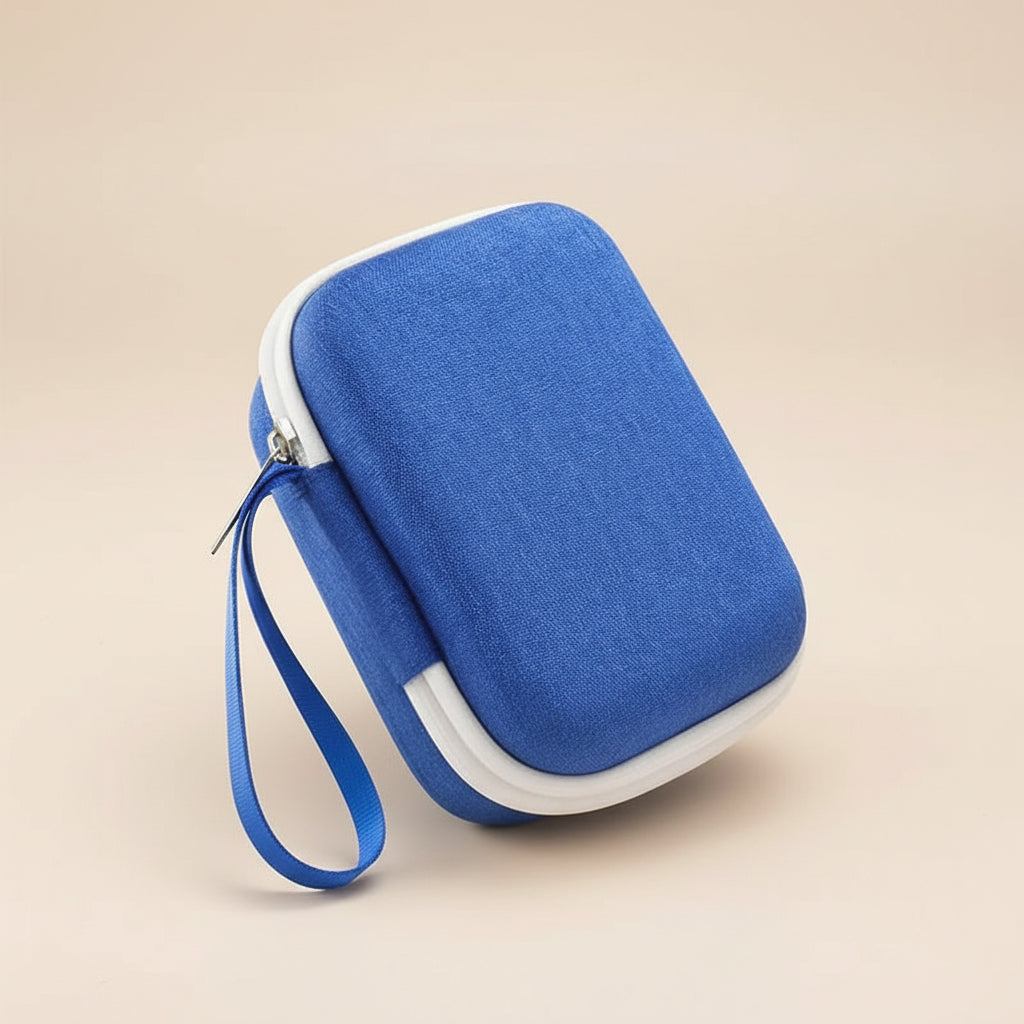 Blue rectangular pouch with a white zipper on a light blue background