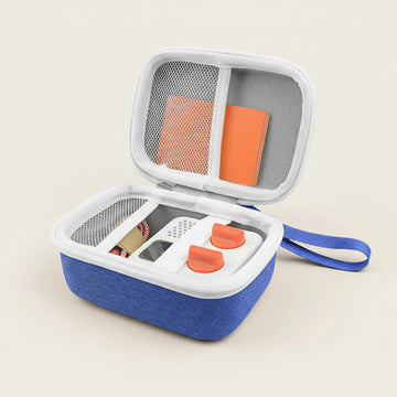 Blue carrying case with orange accents for electronic devices on a white background