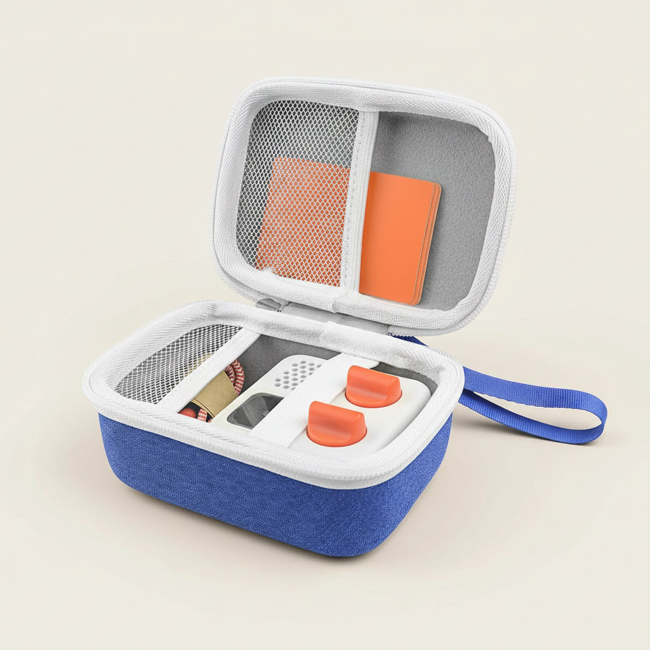 Blue carrying case with orange accents for electronic devices on a white background