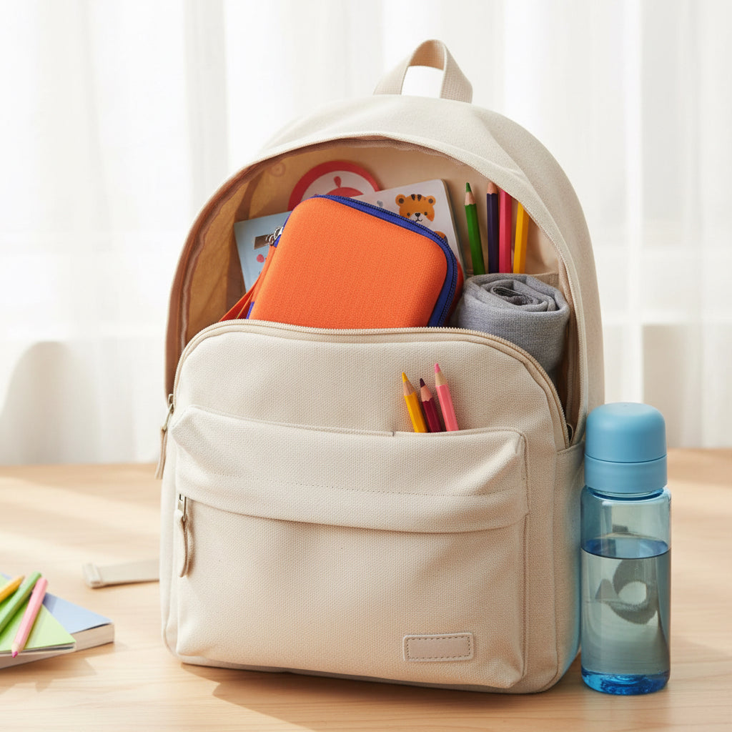 Orange travel case with blue zipper on a white background