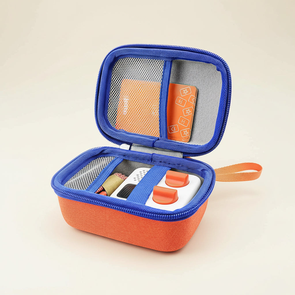 Orange and blue carrying case with electronic devices inside on a white background