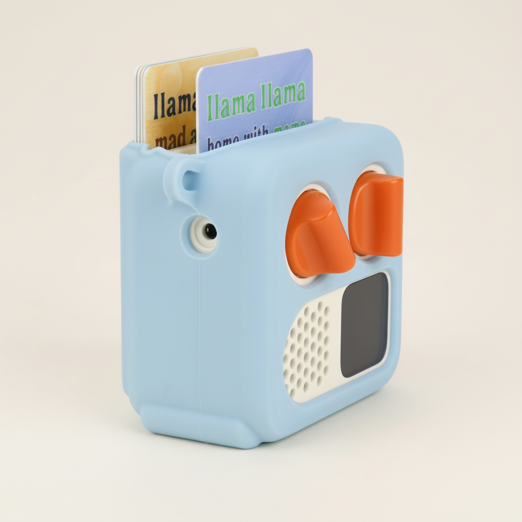 Children's toy camera with a blue body and orange lens on a beige background