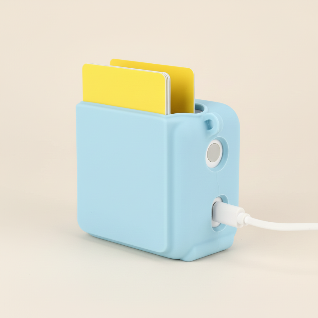 Blue electronic device with a yellow card on a beige background