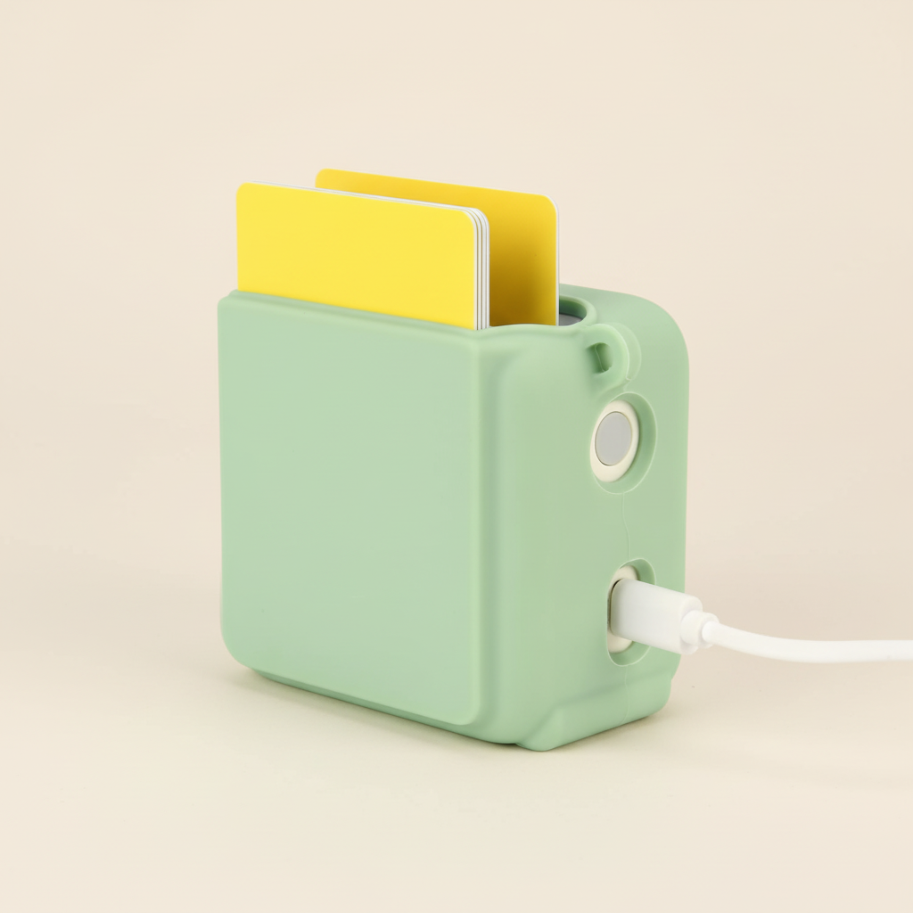 Green electronic device with a yellow component on a white background