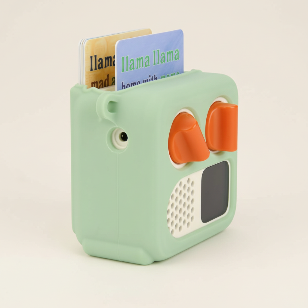 Green toy radio with red knobs and a strap on a white background