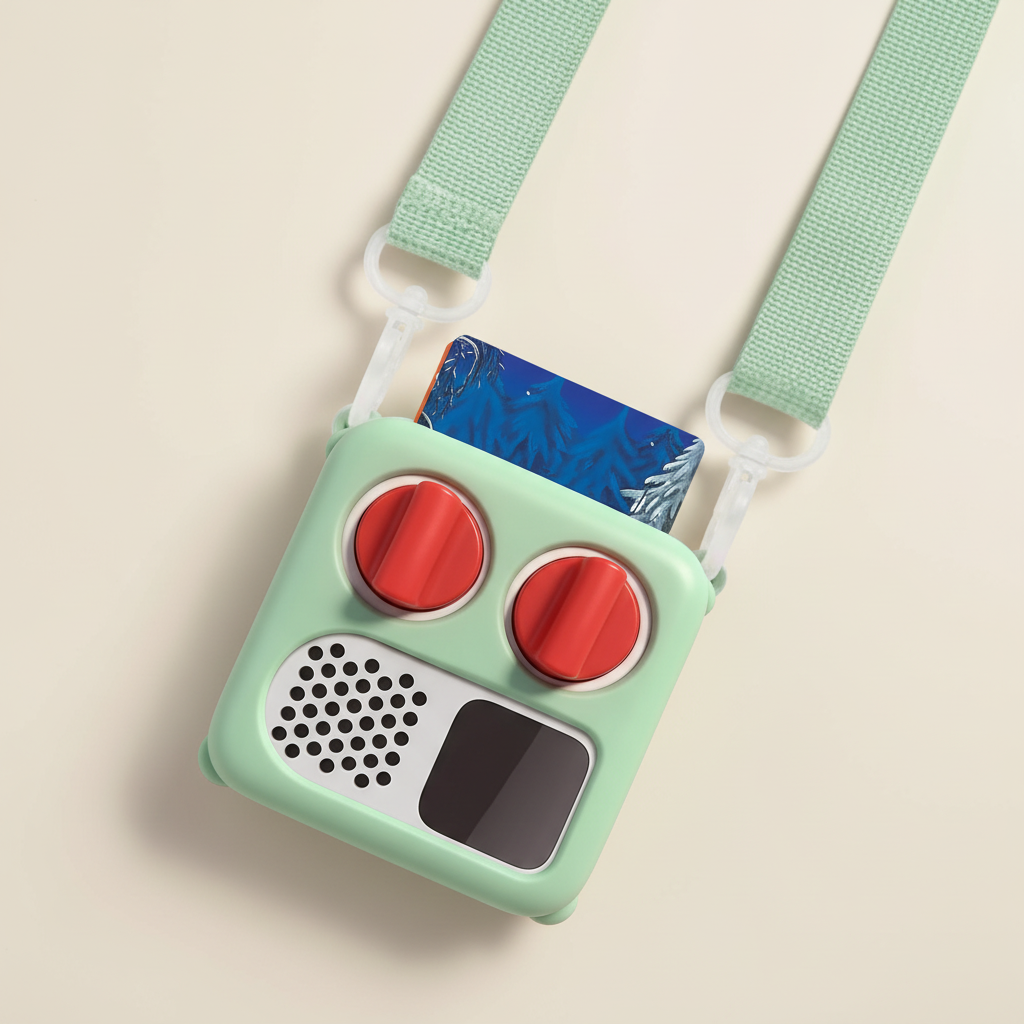 Green toy radio with red knobs and a strap on a white background