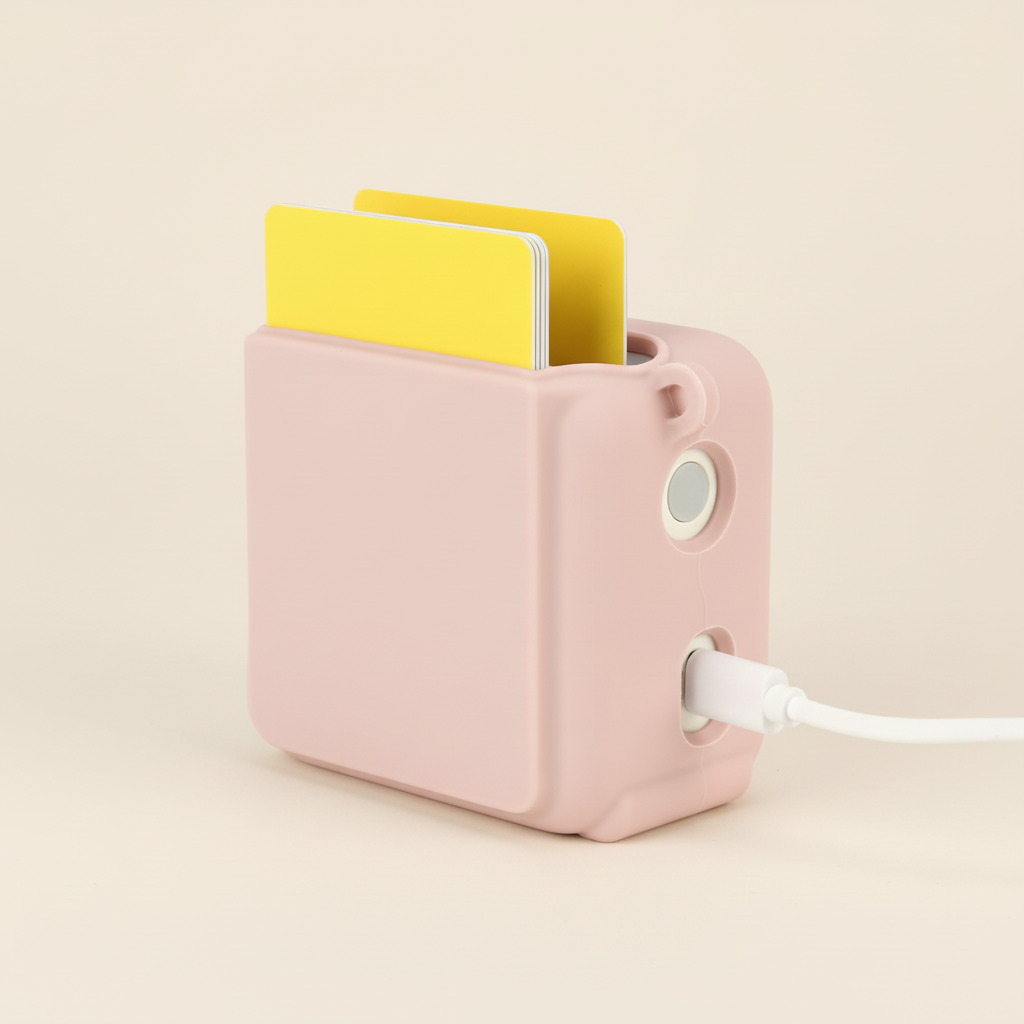 Pink electronic device with a yellow card on a beige background