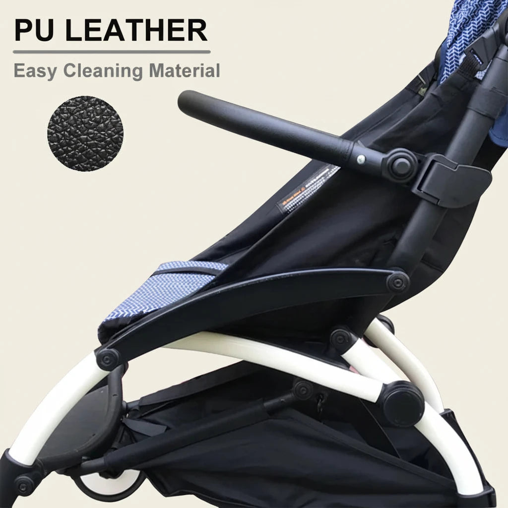 Black stroller with PU leather material feature on a white background