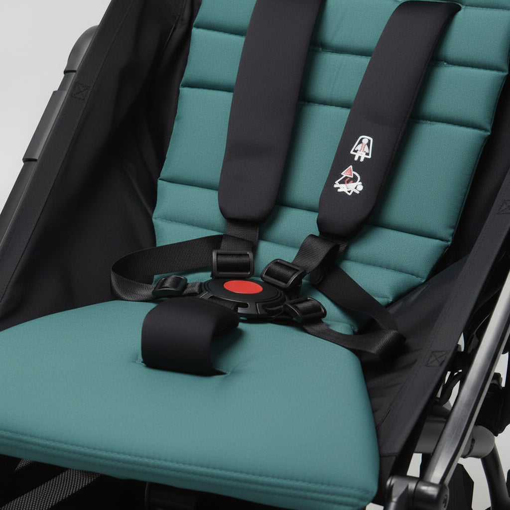 Close-up of a stroller seat with aqua padded padding and black safety harness straps, including a small white stroller logo on one strap.