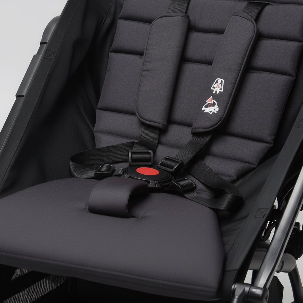 Close-up of a child safety seat with black cushion and black straps on a white background