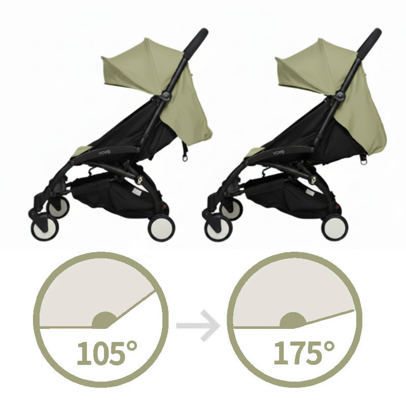 Olive and black stroller with canopy on a light gray background