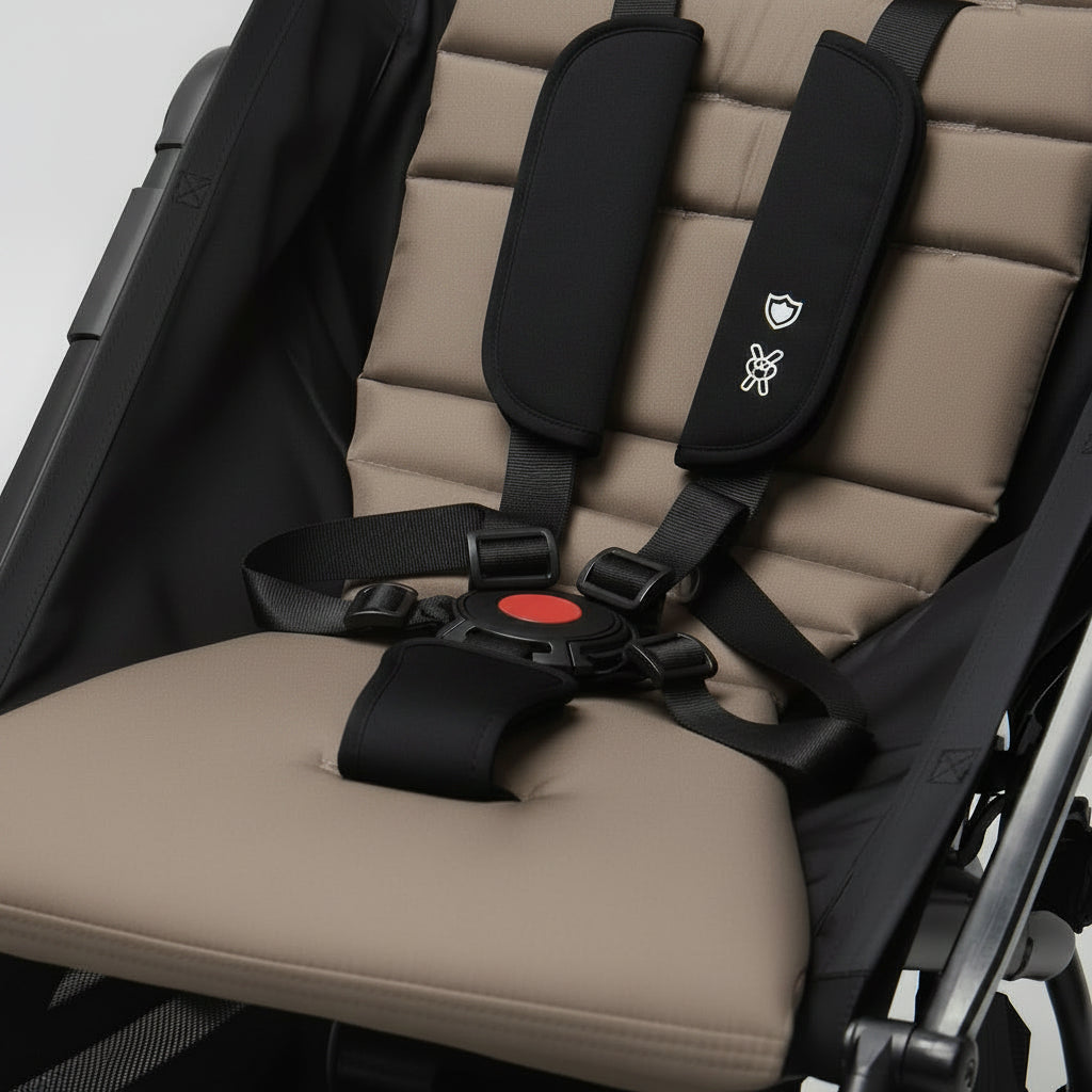 Close-up of a child safety seat with toffee cushion and black straps on a white background
