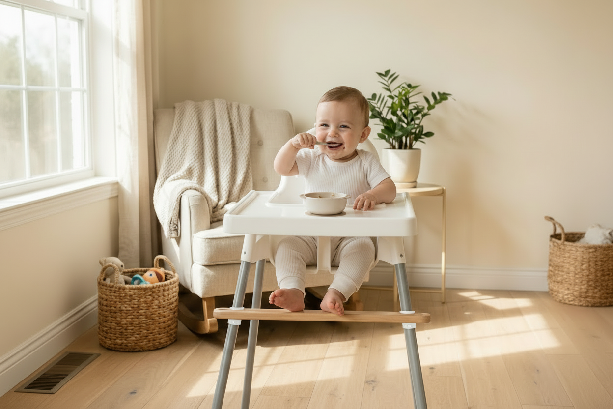 Baby sitting in an Ikea high chair with a footrest in a bright room with a plant and basket in the background1621243260e1af0c20-1