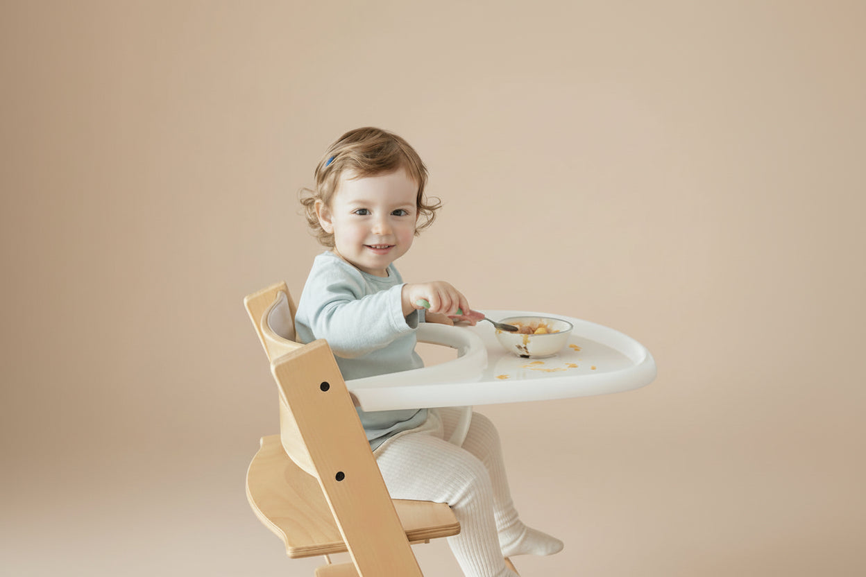 Child sitting in a wooden high chair with a white tray, eating from a bowl.1621243260e1af0c20-2