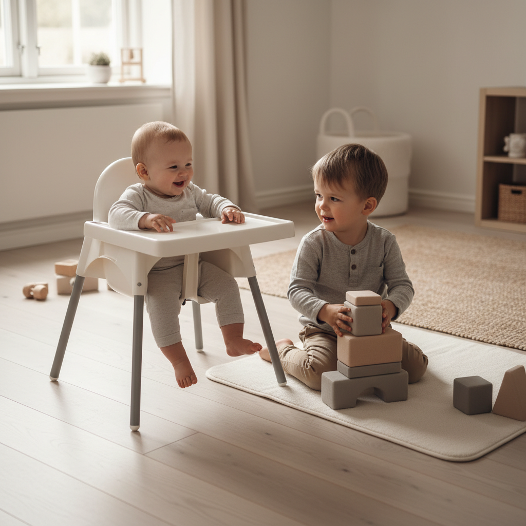 Lifestyle image showing an IKEA Antilop highchair with short 39.5 cm grey legs used as a low play chair.

The highchair is positioned at floor level, allowing a baby to sit and play alongside an older sibling on the floor.

Focus on interaction and eye-level play, with the chair clearly lower than standard height.

Soft neutral colours, bright natural lighting, clean home environment.

The legs are clearly visible and proportionally short.

Square 1:1 format.
