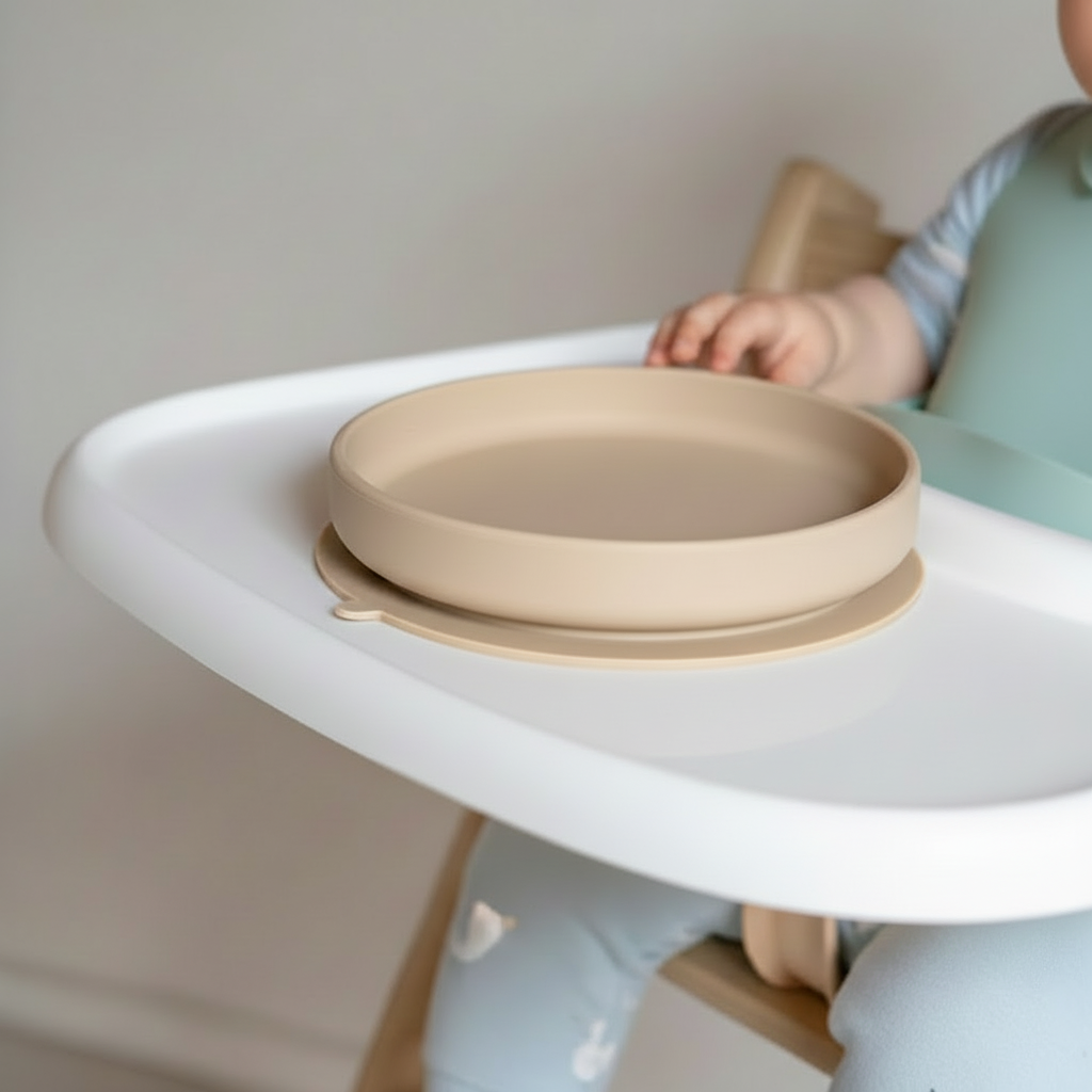 Child in a high chair with a beige plate on a tray